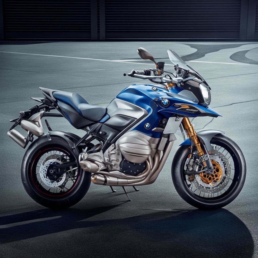 This is a description of a hypothetical BMW motorbike, featuring the brand's precision engineering, high-speed performance, and luxury materials