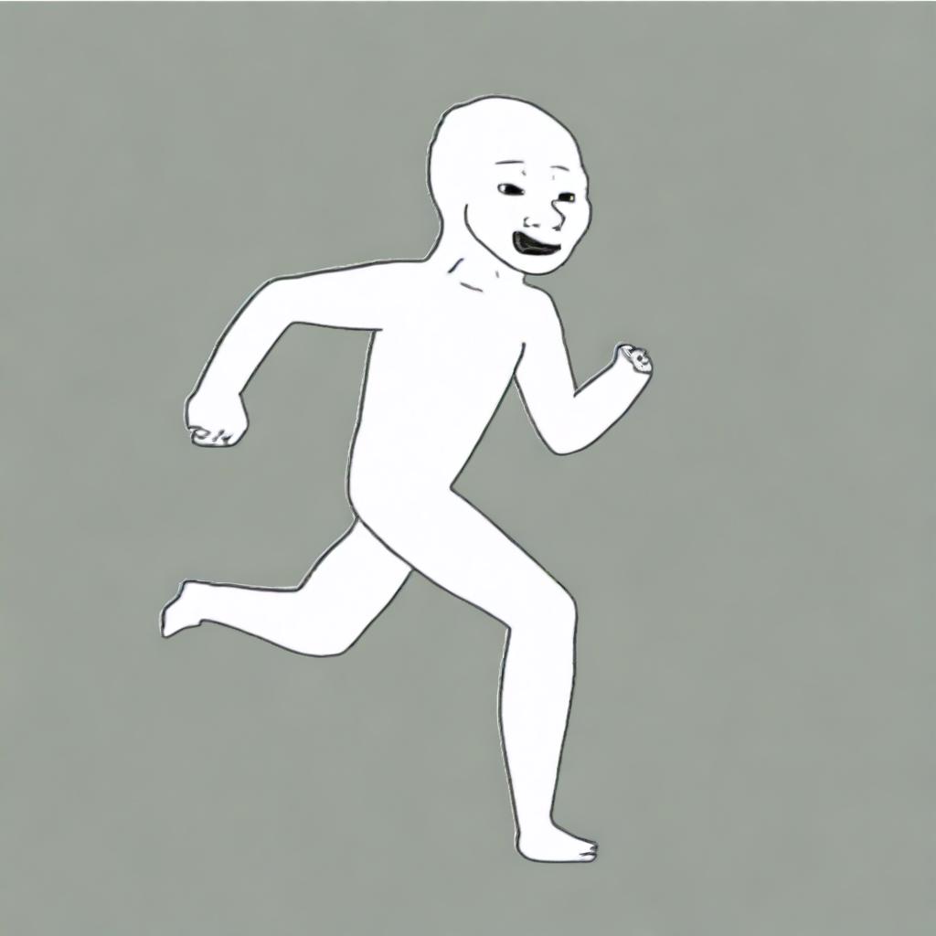 Create an image featuring Wojak, the popular internet meme character, running