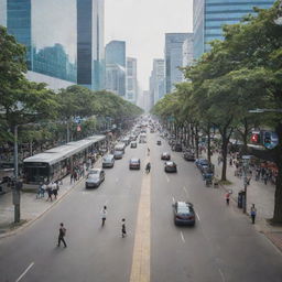 A bustling city scene with meticulously installed CCTV cameras monitoring public places - parks, streets, shopping areas, and transport terminals, subtly blending with the urban atmosphere.