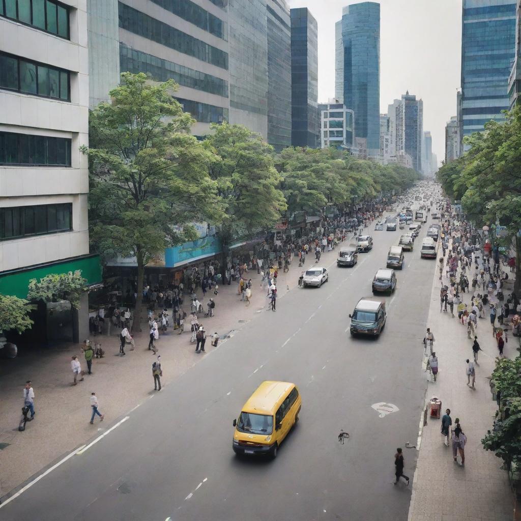 A bustling city scene with meticulously installed CCTV cameras monitoring public places - parks, streets, shopping areas, and transport terminals, subtly blending with the urban atmosphere.