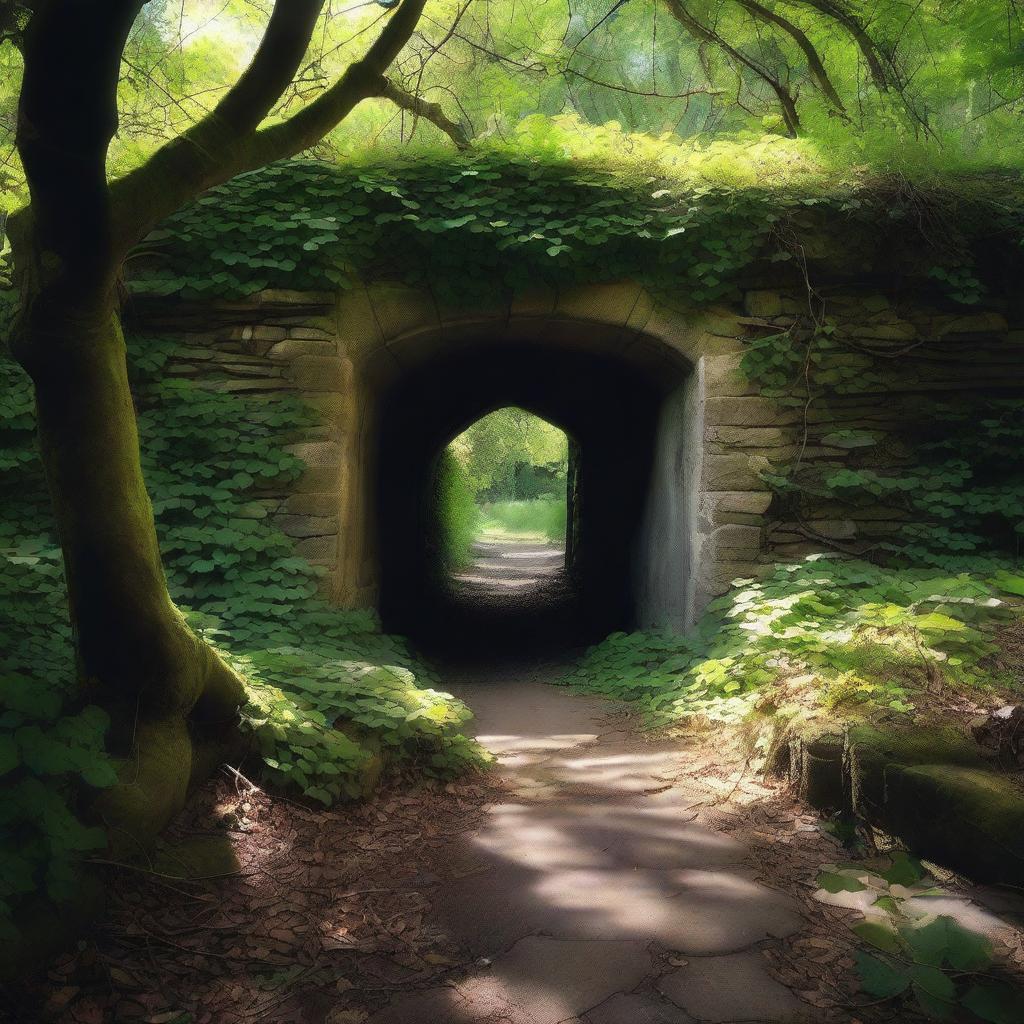 A mysterious hidden tunnel, partially obscured by overgrown vines and foliage