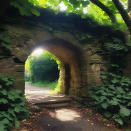 A mysterious hidden tunnel, partially obscured by overgrown vines and foliage