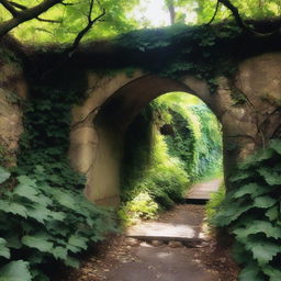 A mysterious hidden tunnel, partially obscured by overgrown vines and foliage