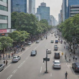 A bustling city scene with meticulously installed CCTV cameras monitoring public places - parks, streets, shopping areas, and transport terminals, subtly blending with the urban atmosphere.