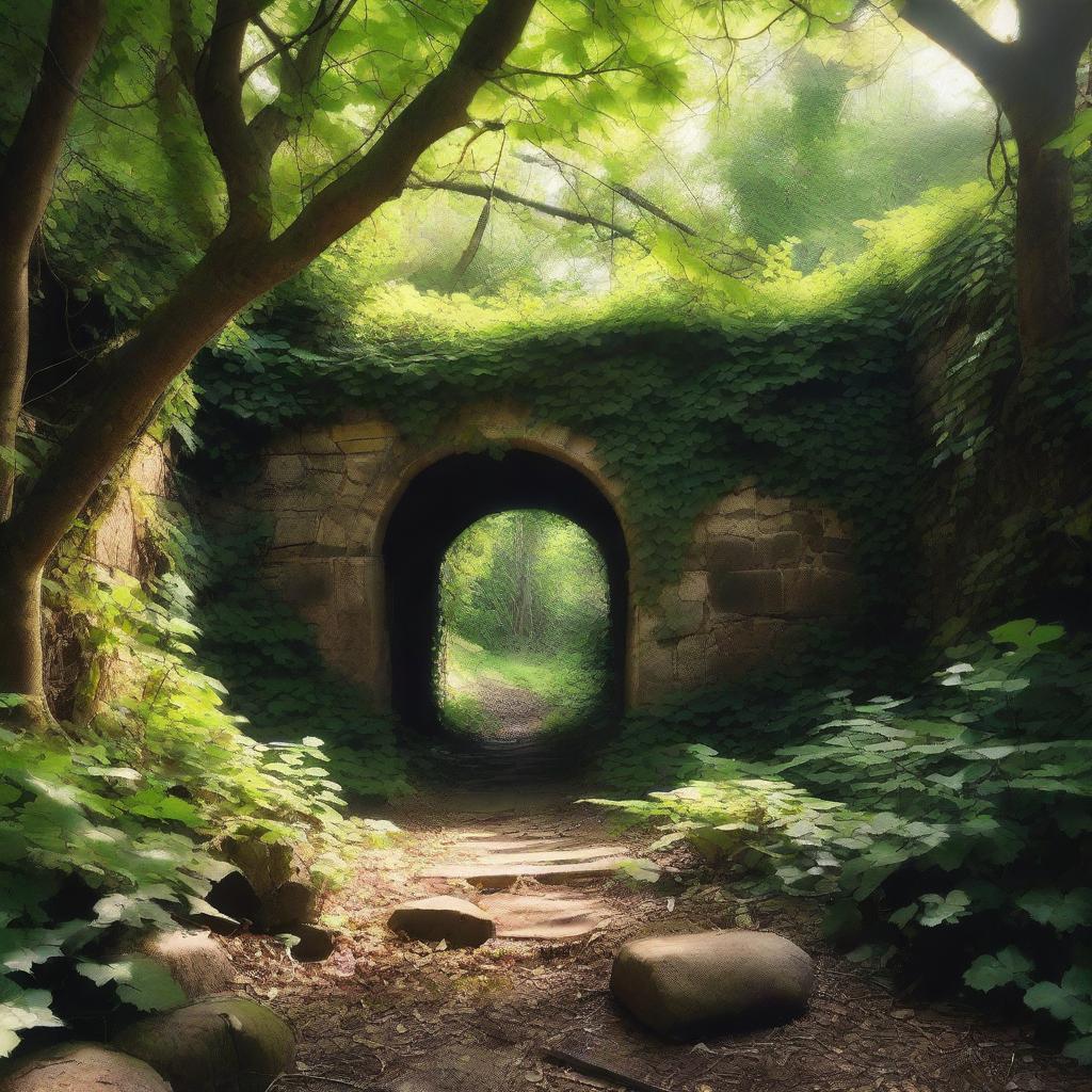 A mysterious hidden tunnel, partially obscured by overgrown vines and foliage