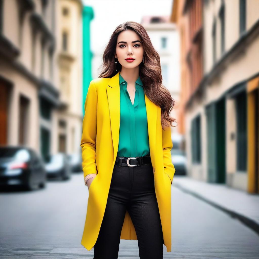 A beautiful young woman wearing stylish and fashionable clothes