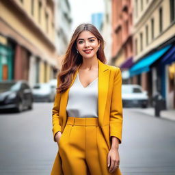 A beautiful young woman wearing stylish and fashionable clothes