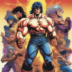 Create a vibrant and dynamic poster featuring all the main characters from Hokuto No Ken (Fist of the North Star)