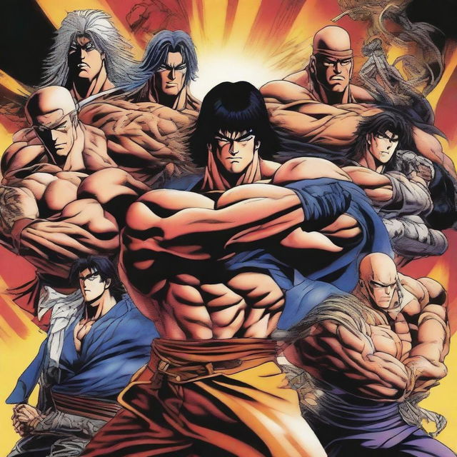 Create a vibrant and dynamic poster featuring all the main characters from Hokuto No Ken (Fist of the North Star)