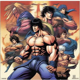 Create a vibrant and dynamic poster featuring all the main characters from Hokuto No Ken (Fist of the North Star)