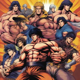 Create a vibrant and dynamic poster featuring all the main characters from Hokuto No Ken (Fist of the North Star)