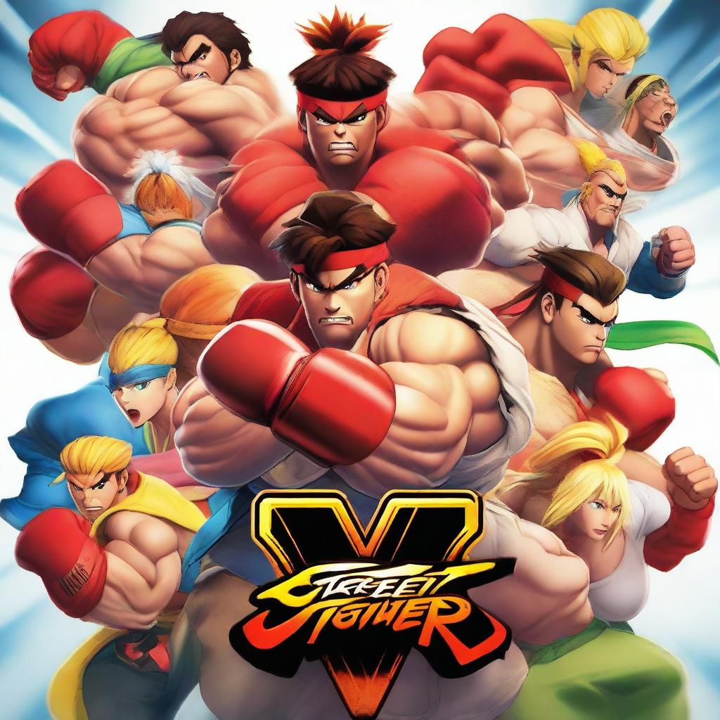 Create a detailed and vibrant poster featuring all the characters from Street Fighter V