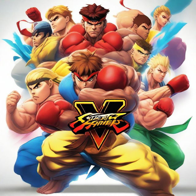 Create a detailed and vibrant poster featuring all the characters from Street Fighter V