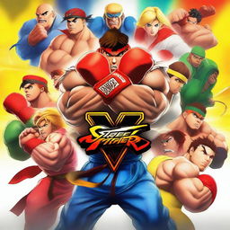 Create a detailed and vibrant poster featuring all the characters from Street Fighter V