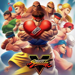 Create a detailed and vibrant poster featuring all the characters from Street Fighter V