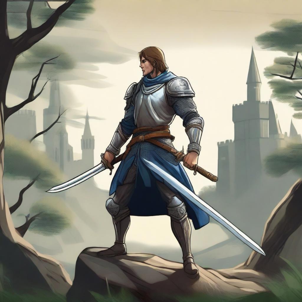 A detailed illustration of a human swordsman, standing in a heroic pose with a gleaming sword