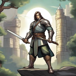 A detailed illustration of a human swordsman, standing in a heroic pose with a gleaming sword