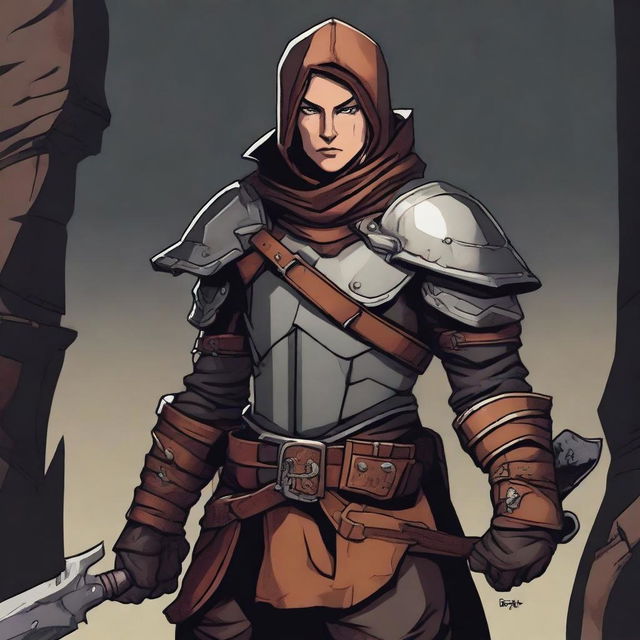 A detailed illustration of a rogue character wearing leather armor, holding a knife, in the style of Dungeons and Dragons