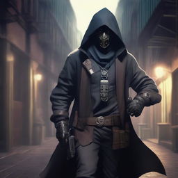 A male rogue artificer, masked and hooded, holding a revolver in hand