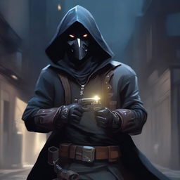 A male rogue artificer, masked and hooded, holding a revolver in hand