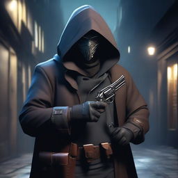 A male rogue artificer, masked and hooded, holding a revolver in hand