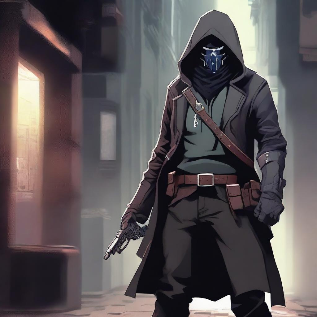 A male rogue artificer, masked and hooded, holding a revolver in hand