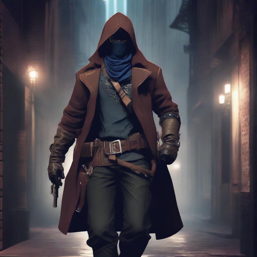 A male rogue artificer, masked and holding a revolver in hand