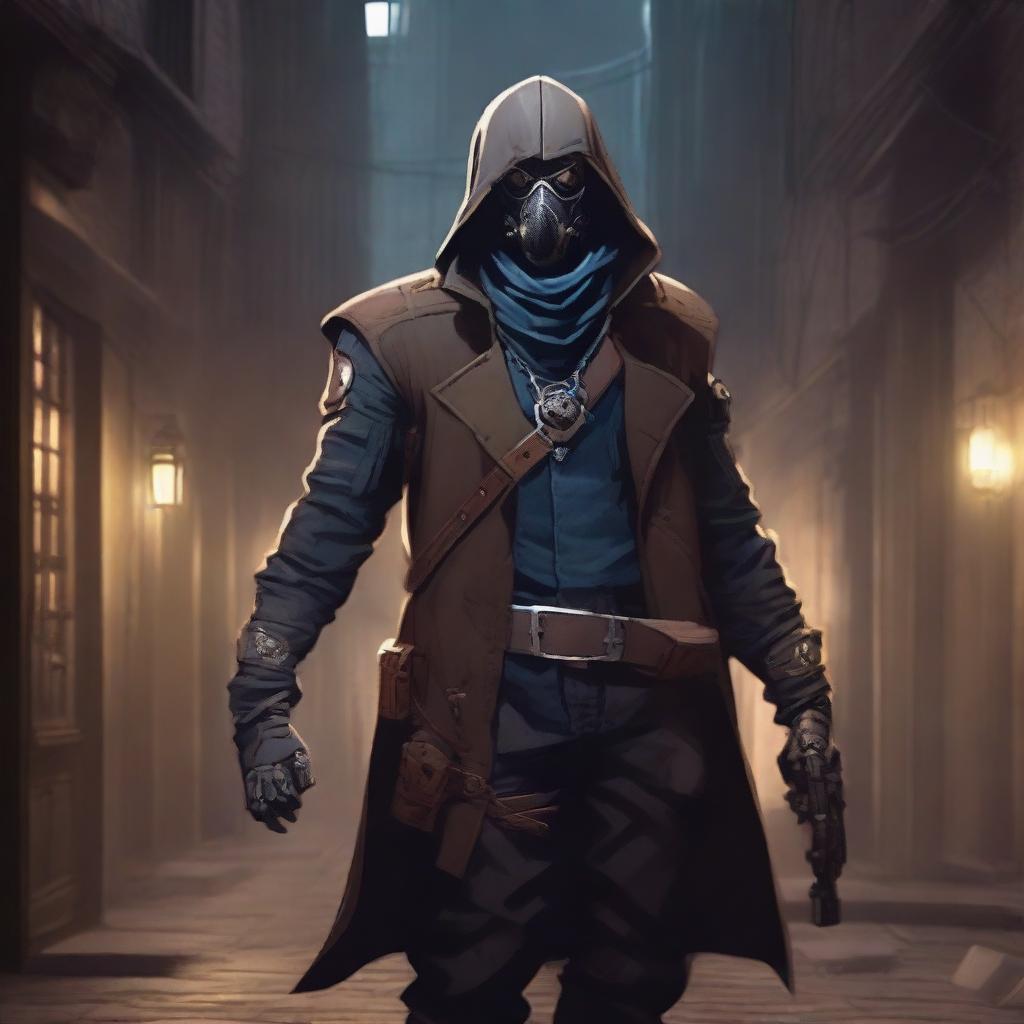 A male rogue artificer, masked and holding a revolver in hand