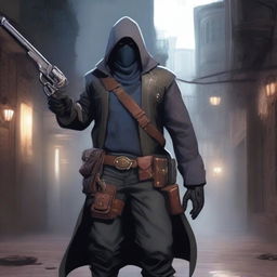 A male rogue artificer, masked and holding a revolver in hand