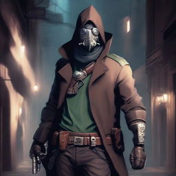 A male rogue artificer, masked and holding a revolver in hand