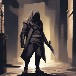 A male rogue with a knife on his hip, not wearing a hood