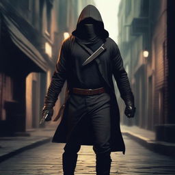 A male rogue with a knife on his hip, not wearing a hood