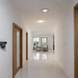 A serene, well-lit home interior with discreetly placed CCTV cameras - overlooking living areas, entrances, and hallways, ensuring household security while maintaining aesthetic appeal.