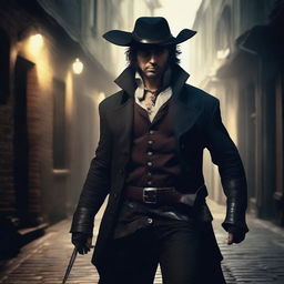 A male rogue with a knife on his hip and wearing a tricorn hat