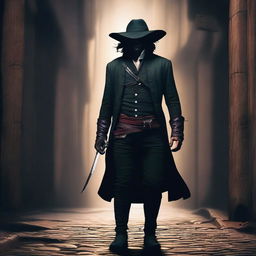 A male rogue with a knife on his hip and wearing a tricorn hat