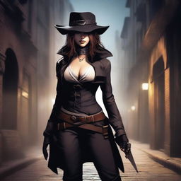 A female rogue with a knife on her hip and wearing a tricorn hat