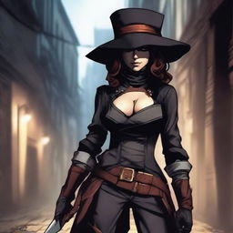 A female rogue with a knife on her hip and wearing a tricorn hat