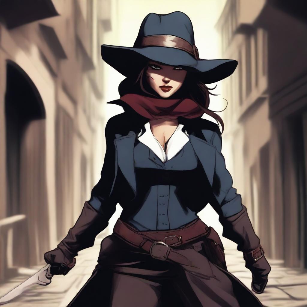 A female rogue with a knife on her hip and wearing a tricorn hat