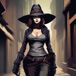 A female rogue with a knife on her hip and wearing a tricorn hat