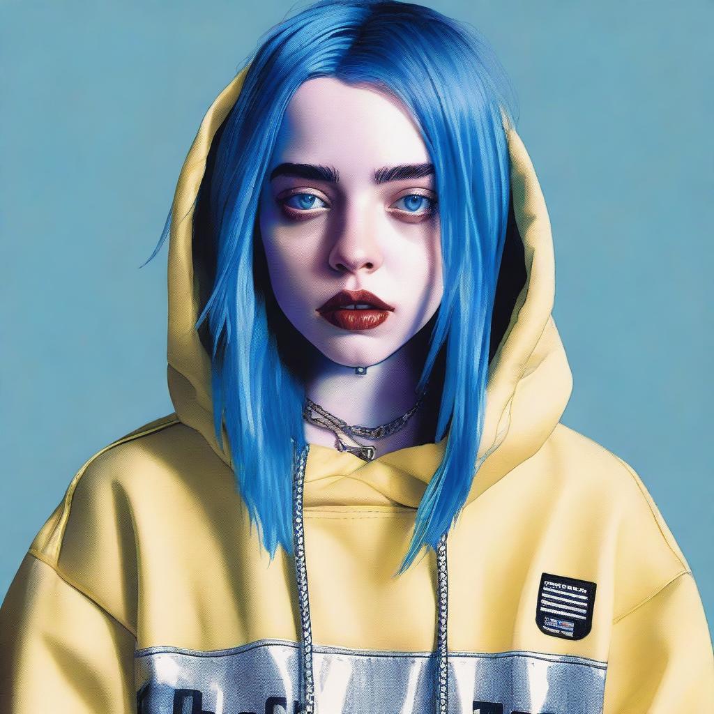 A portrait of Billie Eilish with blue hair