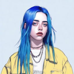 A portrait of Billie Eilish with blue hair