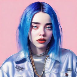 A portrait of Billie Eilish with blue hair