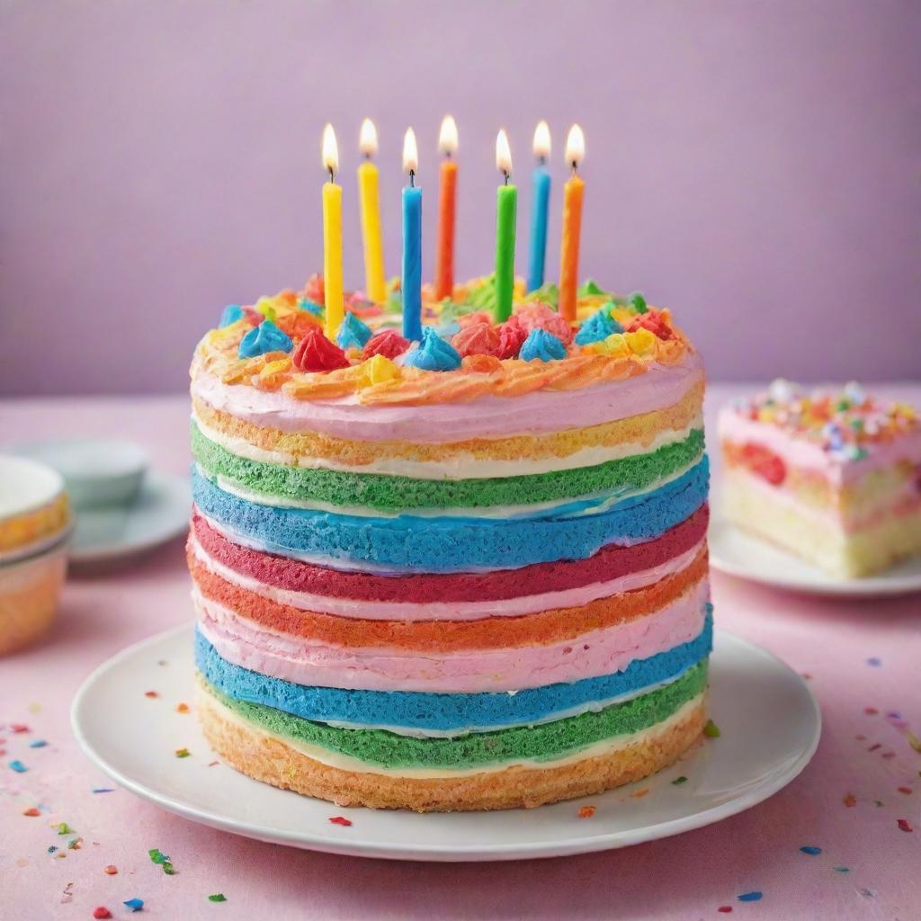 A vibrant, multi-layered birthday cake with colorful icing decorations, placed on a festive table setting.