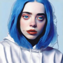 A portrait of Billie Eilish with blue hair