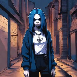 A portrait of Billie Eilish with blue hair, depicted as a rogue character