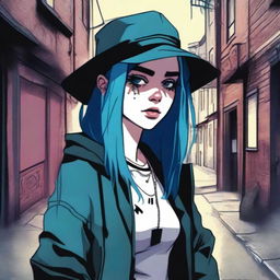 A portrait of Billie Eilish with blue hair, depicted as a rogue character