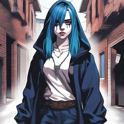 A portrait of Billie Eilish with blue hair, depicted as a rogue character