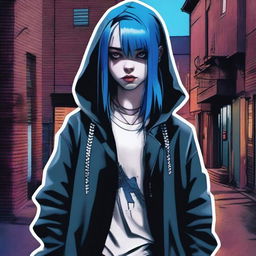 A portrait of Billie Eilish with blue hair, depicted as a rogue character