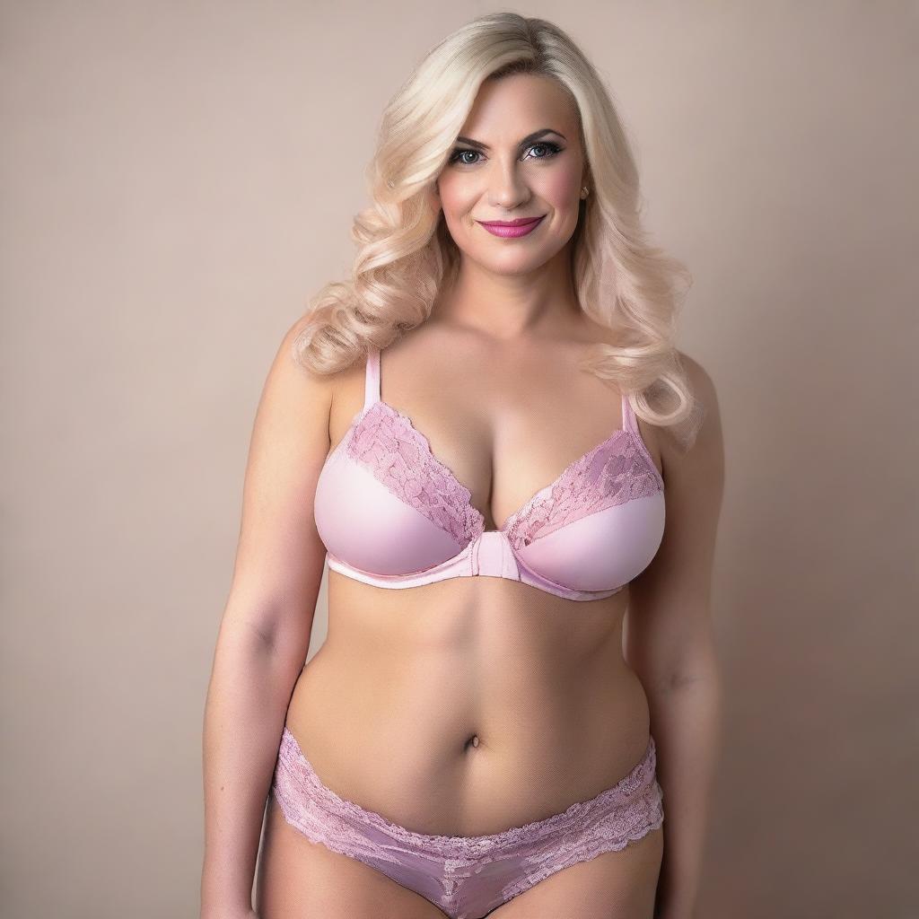 A blonde transgender woman wearing pink lingerie, posing confidently