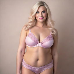 A blonde transgender woman wearing pink lingerie, posing confidently